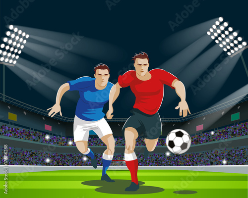 Players are fighting for the ball in stadium. Light, stands, fans.