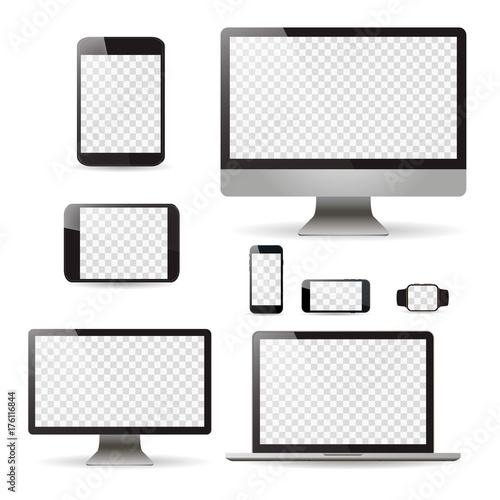 Mockup set realistic Monitors laptop tablet and phone vector illustration