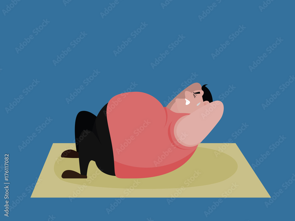 Naklejka premium Fat men exercise with sit ups. vector illustration