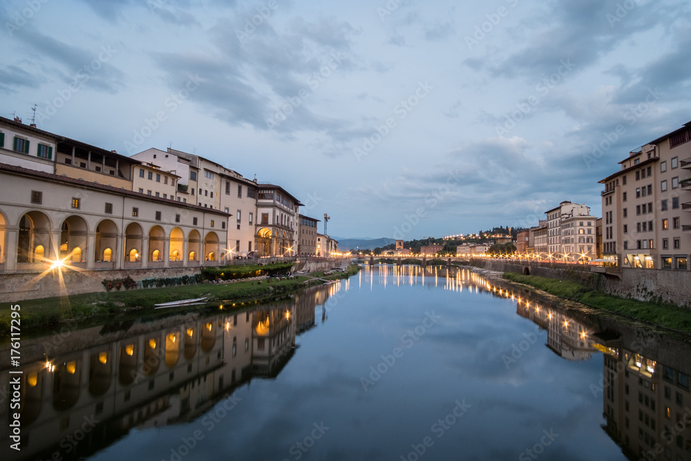 View of the Bridge and Building along Arno river in Florence, Italy.