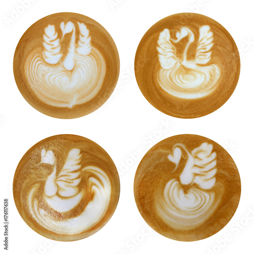 latte art swan shapes on white background
