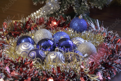 Christmas decorations. Crystal Balls and Tinsel.