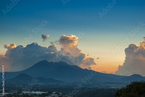 City Guatemala sunset with dramatic sky Pacaya volcano, viewpoint in mountain.