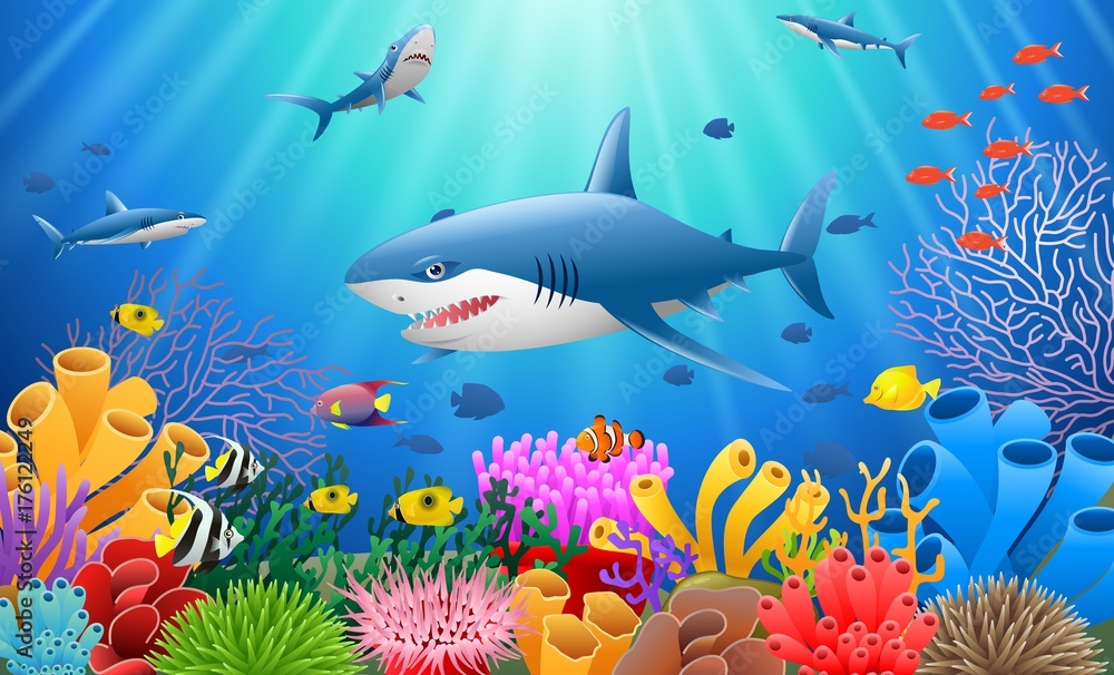 Naklejka premium Cartoon shark with Coral Reef Underwater in Ocean Vector illustration