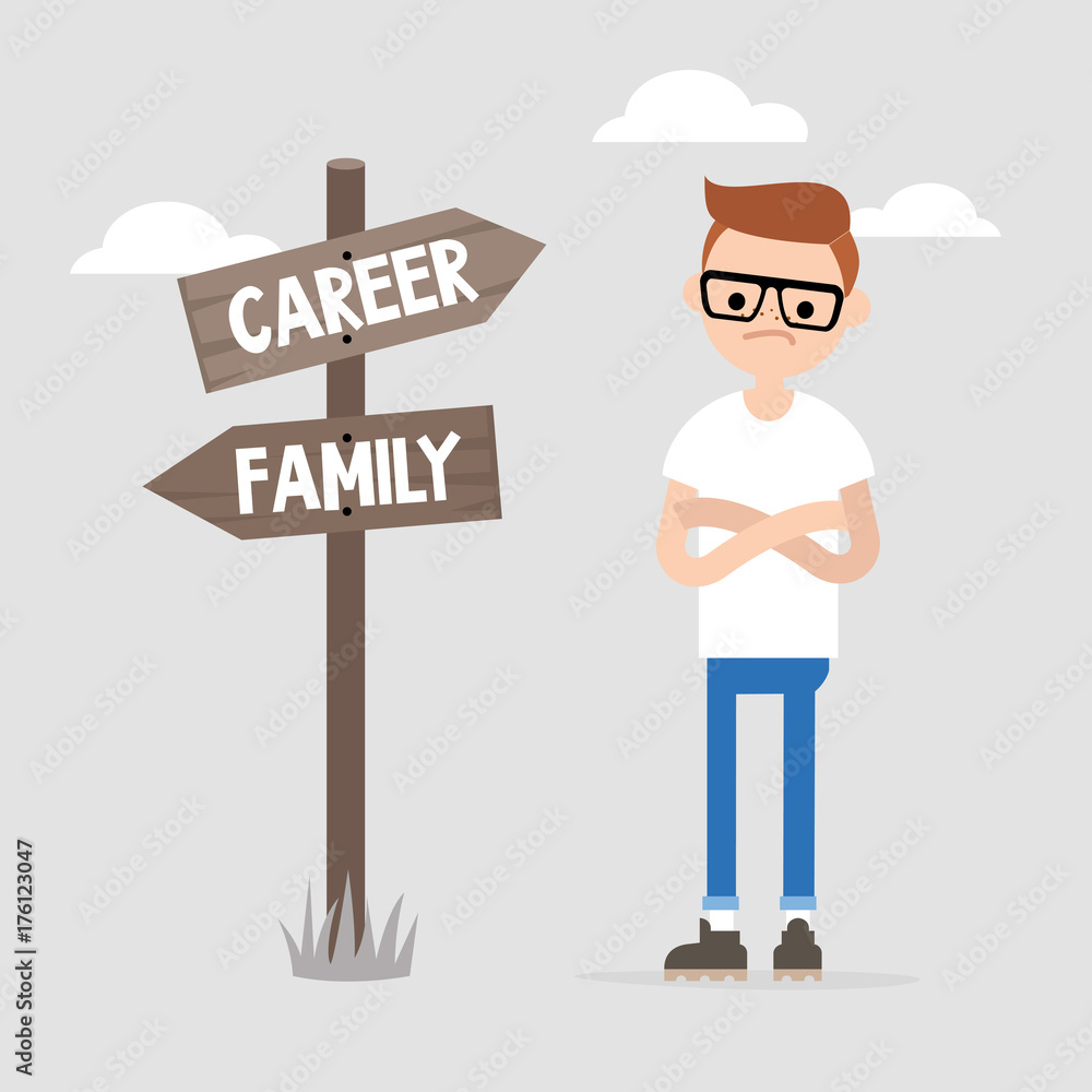Young specialist making a choice between the career and family. Wooden signpost showing the opposite directions. Decision making. Flat editable vector illustration, clip art