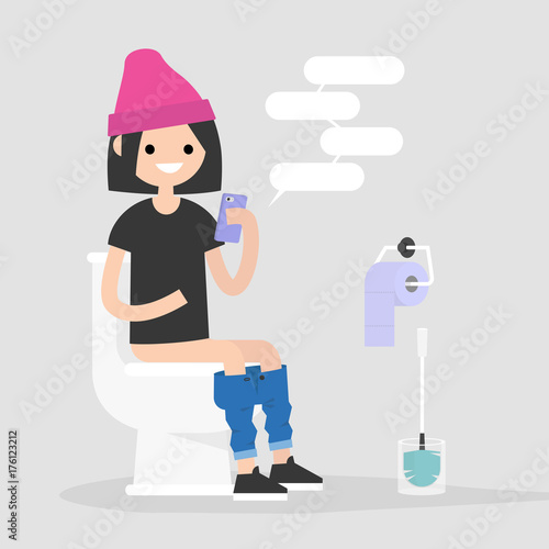 Young female character using a smartphone in a restroom. Modern habits. Flat editable vector illustration, clip art