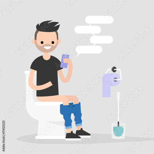 Young character using a smartphone in a restroom. Modern habits. Flat editable vector illustration, clip art