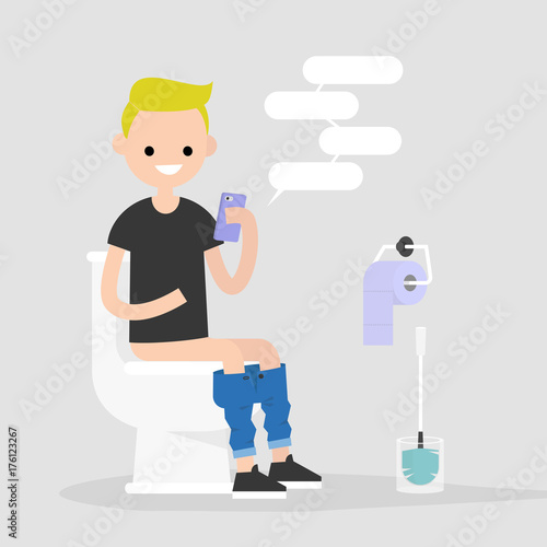 Young character using a smartphone in a restroom. Modern habits. Flat editable vector illustration, clip art