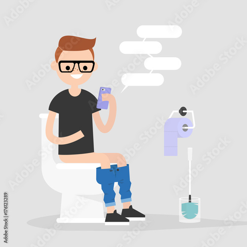 Young character using a smartphone in a restroom. Modern habits. Flat editable vector illustration, clip art
