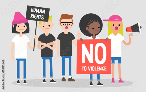 Mass protest, flat editable vector illustration. Multicultural group of young adults claiming their demands. Flat editable vector illustration, clip art