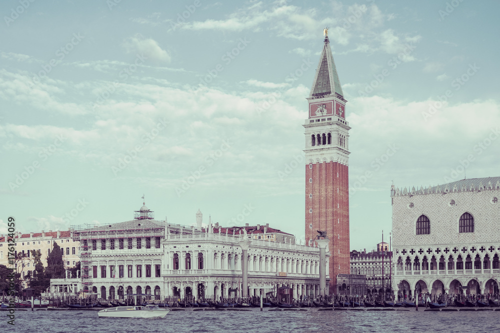 Italy Beautiful view of famous romantic traditional Canal Grande, Bell tower of St Mark's Square and Doge's Palace Venice Italy, Still life in Venice with Bell tower, Bell tower in Venice
