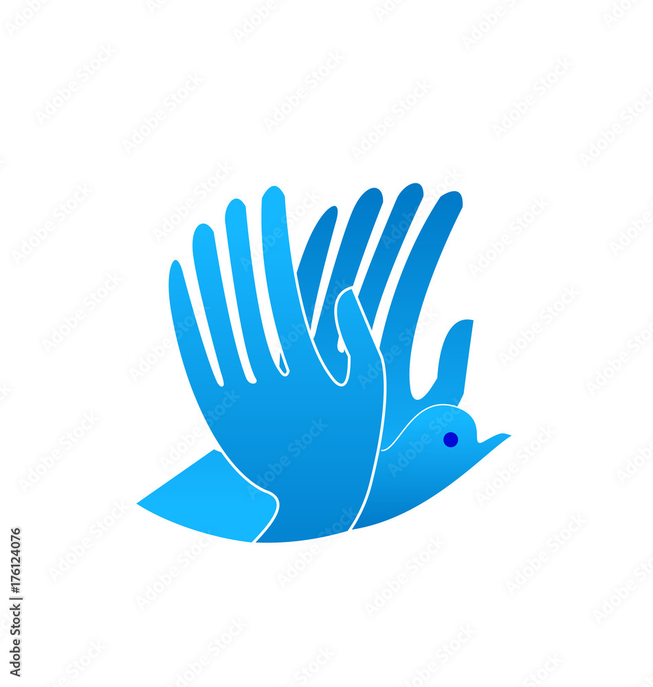 Abstract blue bird with hands as wings, icon vector Abstract blue bird with hands as wings, icon vector