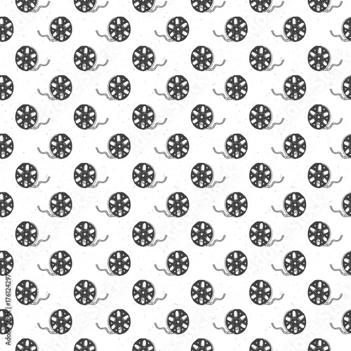 Cinema tape and film reel vintage seamless pattern, handdrawn sketch, retro movie and film industry, vector illustration