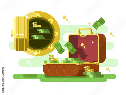 Suitcase and safe with money and golden coins