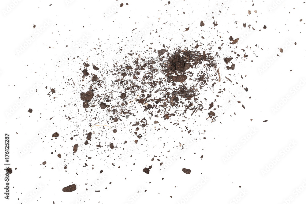 Dirt, soil pile isolated on white background, top view Dirt, soil pile isolated on white background, top view