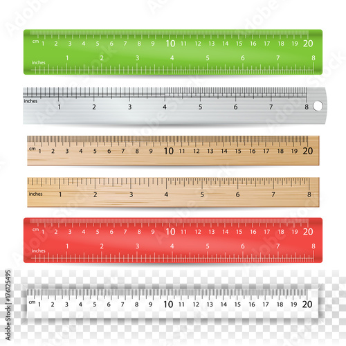 Color School Ruler Vector. Plastic, Wooden, Metal. Centimeters And Inches Scale. Stationery Ruler Tool. Isolated Illustration