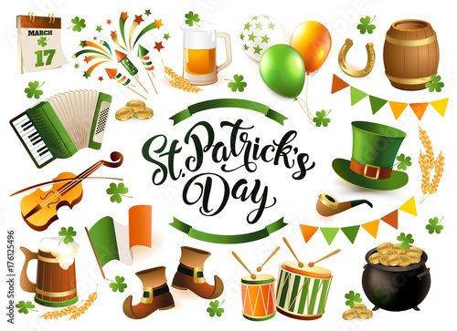 Happy Saint Patrick's Day traditional collection. Irish music, flags, beer mugs, clover, pub decoration, leprechaun green hat, pot of gold coins. Vector illustration isolated on white background