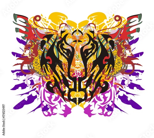 Fototapeta Naklejka Na Ścianę i Meble -  Grunge tiger head with colorful splashes. Closeup tiger head with colorful feathers and linear patterns