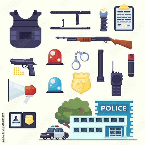 Police professional equipment set. Handcuffs, bulletproof vest, electroshocker, truncheon, badge, weapons, station, car and other element. flat vector set