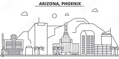 Arizona, Phoenix architecture line skyline illustration. Linear vector cityscape with famous landmarks, city sights, design icons. Editable strokes