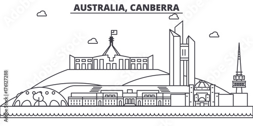 Australia, Canberra architecture line skyline illustration. Linear vector cityscape with famous landmarks, city sights, design icons. Editable strokes