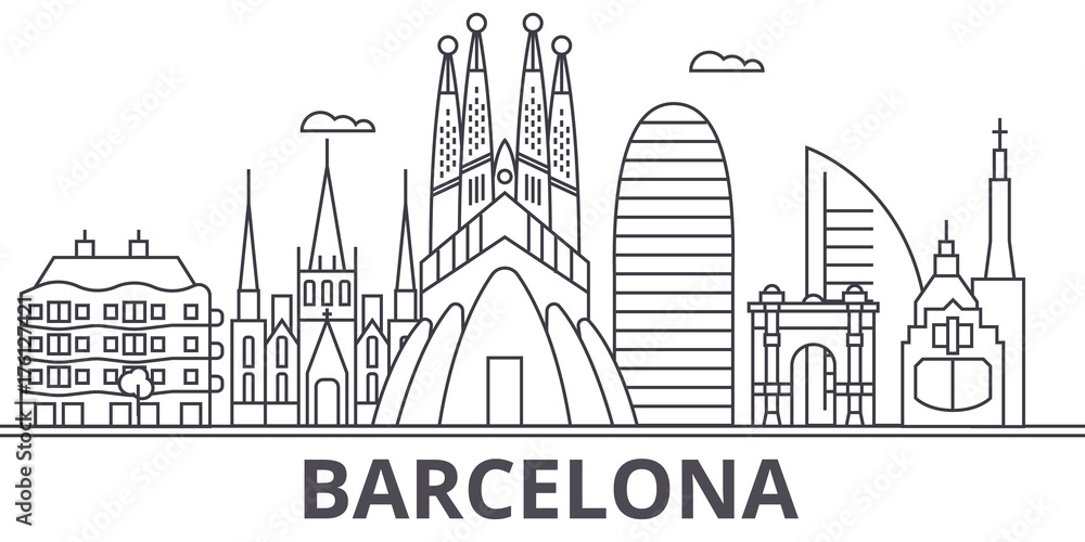 Barcelona architecture line skyline illustration. Linear vector cityscape with famous landmarks, city sights, design icons. Editable strokes
