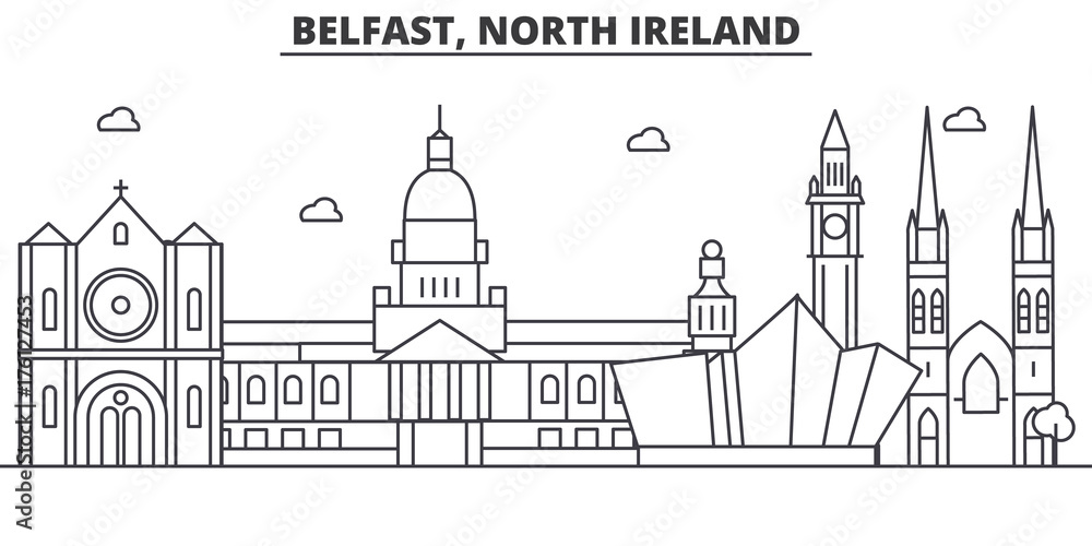 Fototapeta Belfast, Irlandia Północna architektura linii skyline ilustracja. Liniowy wektor gród ze słynnymi zabytkami, zabytkami miasta, ikonami projektu. Edytowalne obrysy