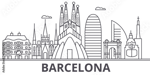 Barcelona architecture line skyline illustration. Linear vector cityscape with famous landmarks, city sights, design icons. Editable strokes