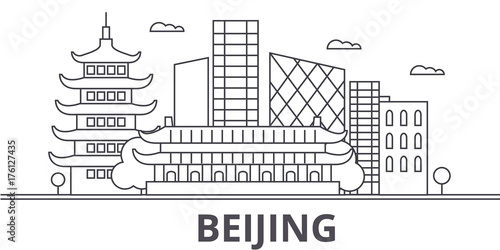 Beijing architecture line skyline illustration. Linear vector cityscape with famous landmarks, city sights, design icons. Editable strokes