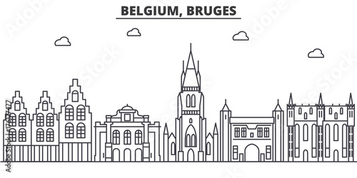 Belgium, Bruges architecture line skyline illustration. Linear vector cityscape with famous landmarks, city sights, design icons. Editable strokes