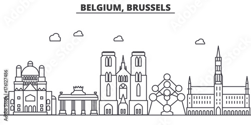 Belgium, Brussels architecture line skyline illustration. Linear vector cityscape with famous landmarks, city sights, design icons. Editable strokes