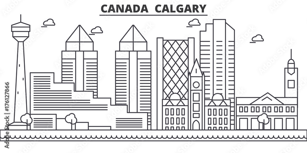 Canada, Calgary architecture line skyline illustration. Linear vector cityscape with famous landmarks, city sights, design icons. Editable strokes