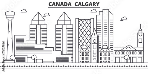 Canada, Calgary architecture line skyline illustration. Linear vector cityscape with famous landmarks, city sights, design icons. Editable strokes