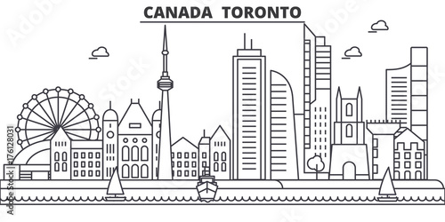 Canada, Toronto architecture line skyline illustration. Linear vector cityscape with famous landmarks, city sights, design icons. Editable strokes