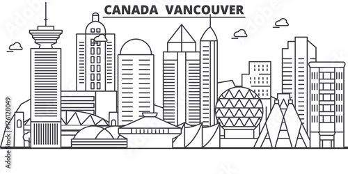 Canada, Vancouver architecture line skyline illustration. Linear vector cityscape with famous landmarks, city sights, design icons. Editable strokes