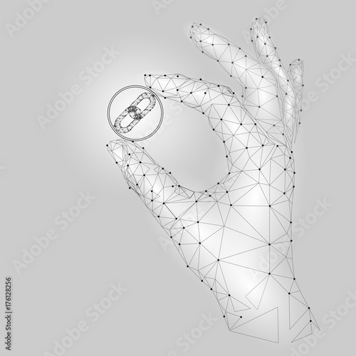 Low poly hand hold blockchain link symbol carefully. Polygonal triangle connected dot point white gray cryptocurrency coin. Finance business offer gain profit concept vector illustration