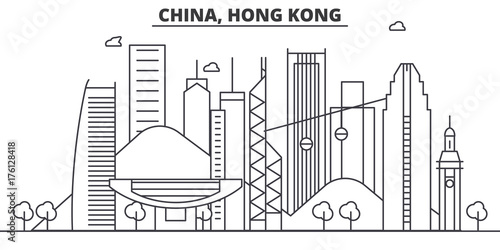 China, Hong Kong architecture line skyline illustration. Linear vector cityscape with famous landmarks, city sights, design icons. Editable strokes
