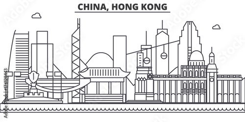 China, Hong Kong 1 architecture line skyline illustration. Linear vector cityscape with famous landmarks, city sights, design icons. Editable strokes