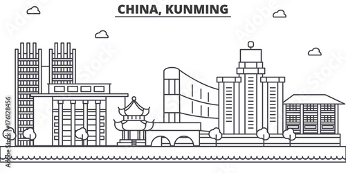 China, Kunming architecture line skyline illustration. Linear vector cityscape with famous landmarks, city sights, design icons. Editable strokes