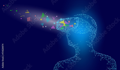 Low poly virtual reality helmet. Future innovation technology fantasy. Polygonal triangle connected dots geometric point line vr headset glass device concept blue vector illustration