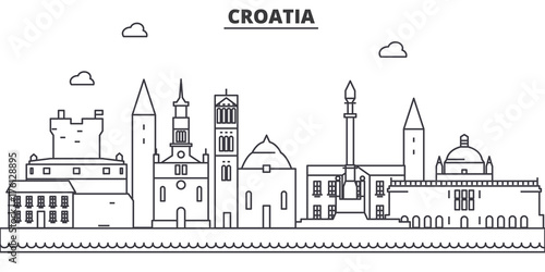 Croatia architecture line skyline illustration. Linear vector cityscape with famous landmarks, city sights, design icons. Editable strokes