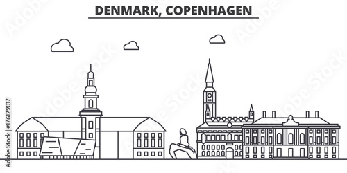 Denmark, Copenhagen architecture line skyline illustration. Linear vector cityscape with famous landmarks, city sights, design icons. Editable strokes