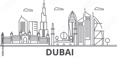 Dubai architecture line skyline illustration. Linear vector cityscape with famous landmarks, city sights, design icons. Editable strokes