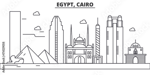 Egypt, Cairo architecture line skyline illustration. Linear vector cityscape with famous landmarks, city sights, design icons. Editable strokes