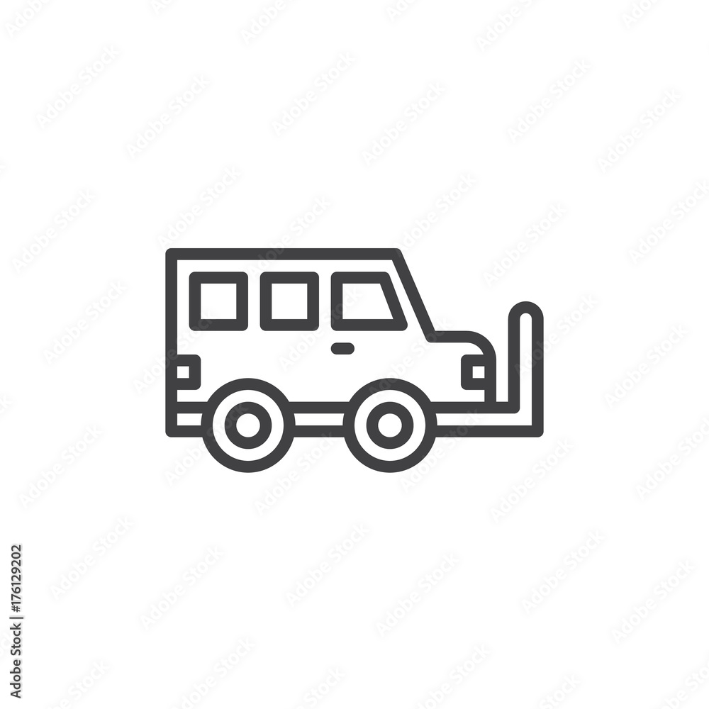 Military vehicle line icon, outline vector sign, linear style pictogram isolated on white. Symbol, logo illustration. Editable stroke Military vehicle line icon, outline vector sign, linear style pictogram isolated on white. Symbol, logo illustration. Editable stroke