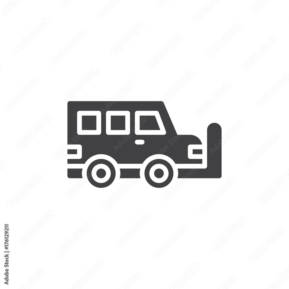 Military vehicle icon vector, filled flat sign, solid pictogram isolated on white. Symbol, logo illustration.