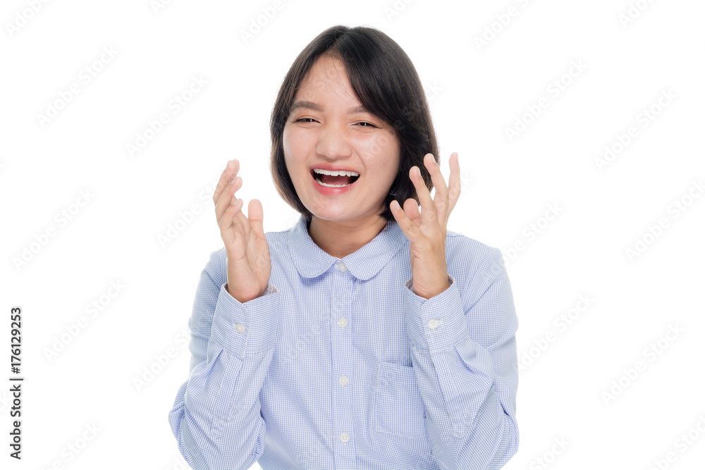 Beautiful asian business woman is yellng, portrait studio on white background Beautiful asian business woman is yellng, portrait studio on white background