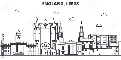 England, Leeds architecture line skyline illustration. Linear vector cityscape with famous landmarks, city sights, design icons. Editable strokes