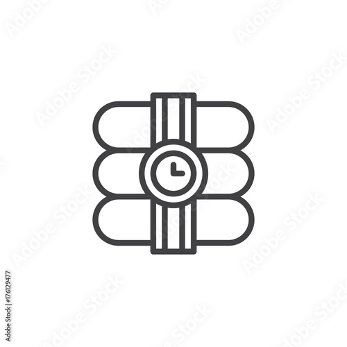 Dynamite with stopwatch line icon, outline vector sign, linear style pictogram isolated on white. Explosive bomb symbol, logo illustration. Editable stroke