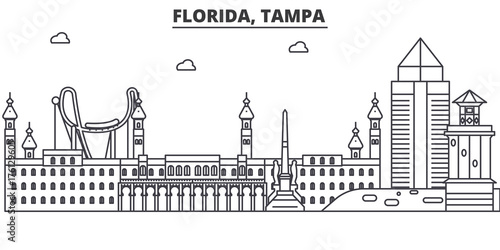 Florida, Tampa architecture line skyline illustration. Linear vector cityscape with famous landmarks, city sights, design icons. Editable strokes